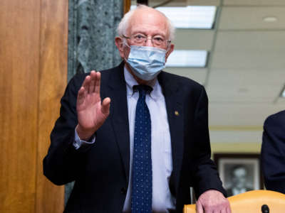 Chairman Bernie Sanders arrives for a Senate Budget Committee confirmation in Dirksen Building on March 2, 2021.