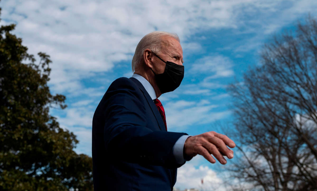 President Joe Biden departs for Wilmington, Delaware, from the South Lawn of the White House in Washington, D.C., on February 27, 2021.