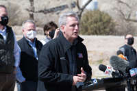 House Minority Leader Kevin McCarthy addresses the press during the congressional border delegation visit to El Paso, Texas on March 15, 2021.