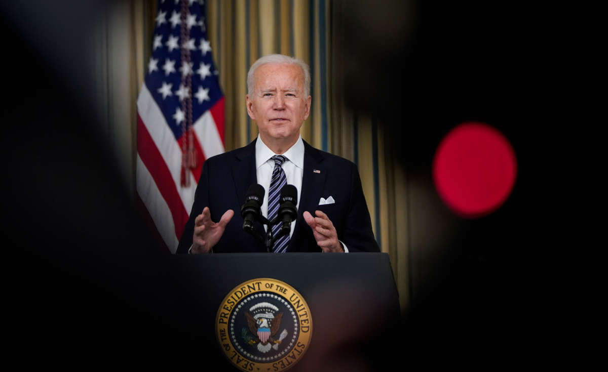 President Joe Biden delivers remarks in the State Dining Room of the White House on March 15, 2021, in Washington, D.C.