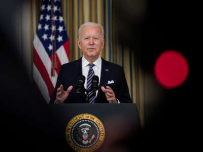 President Joe Biden delivers remarks in the State Dining Room of the White House on March 15, 2021, in Washington, D.C.