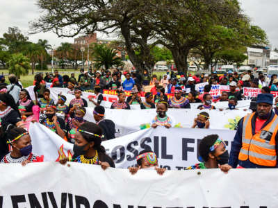 Youth activists participate in the Global Climate Strike March on October 2, 2020, in Durban, South Africa.