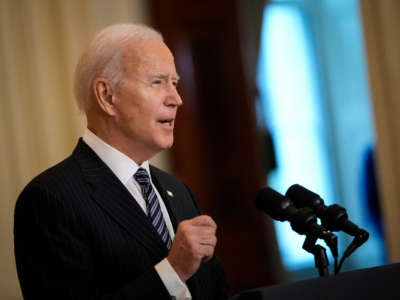 President Joe Biden speaks in the East Room of the White House on March 18, 2021, in Washington, D.C.