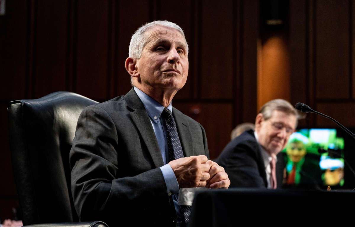 Dr. Anthony Fauci, Director at the National Institute Of Allergy and Infectious Diseases, is seen during a hearing with the Senate Committee on Health, Education, Labor, and Pensions on the COVID-19 response on Capitol Hill on March 18, 2021, in Washington, D.C.