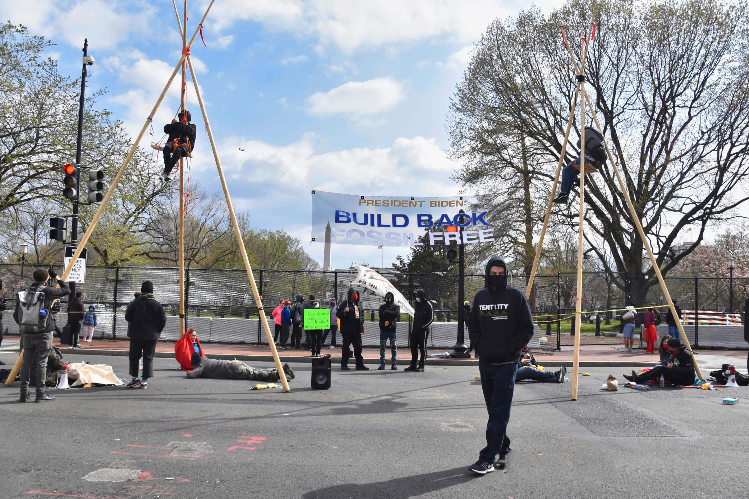 Indigenous youth and organizers urge Biden to “Build Back Fossil Free” in Washington, D.C., by ending the Dakota Access and Line 3 pipelines on April 1, 2021.