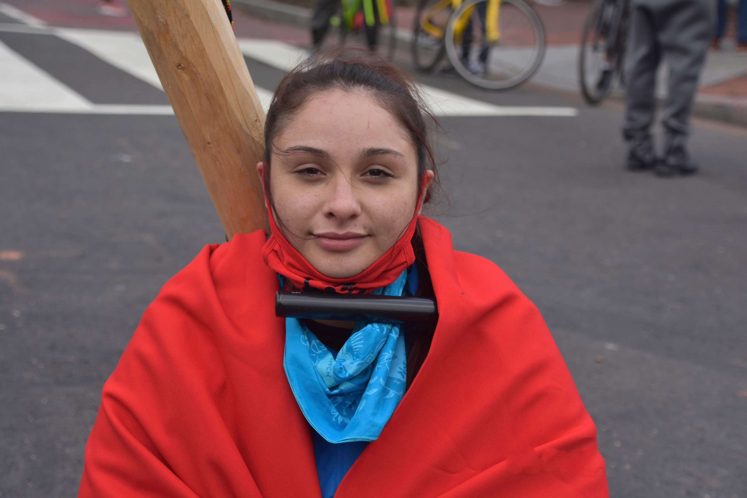 A Water Protector wears red to bring awareness to the impacts of man camps on the crisis of murdered and missing Indigenous Womxn in Washington, D.C., on April 1, 2021.