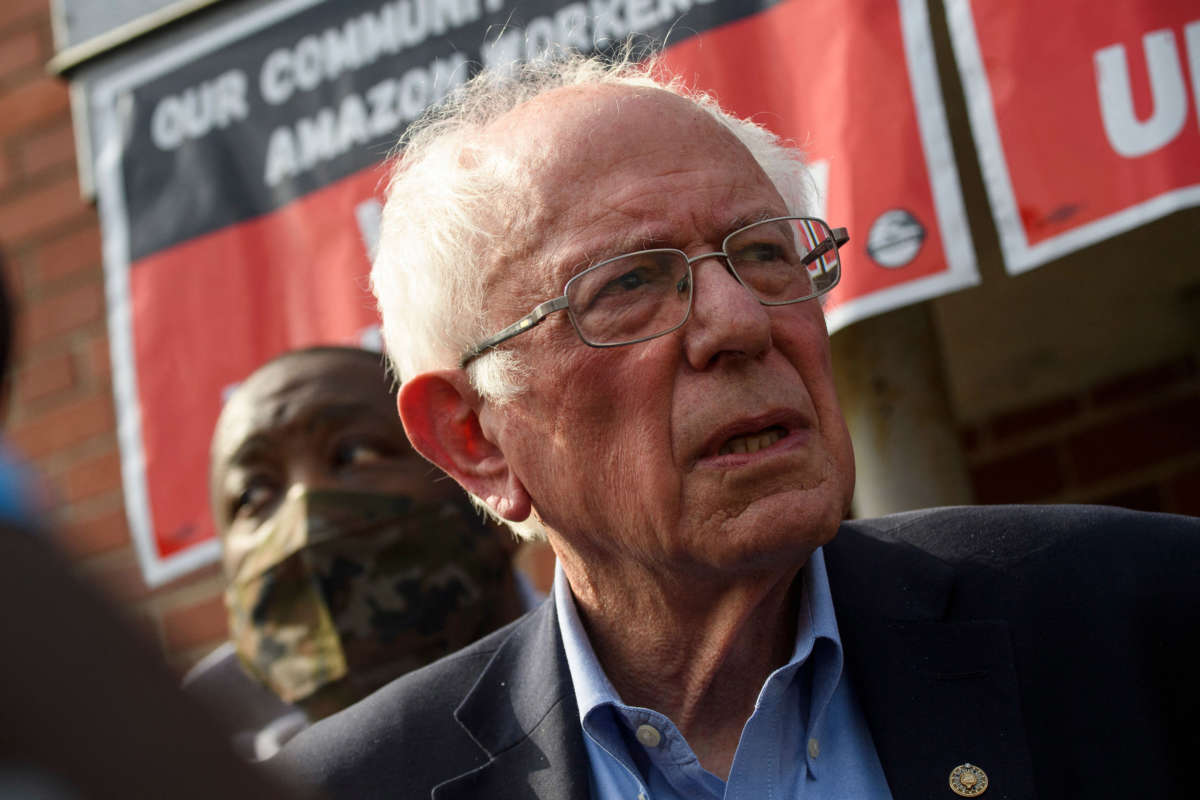 Sen. Bernie Sanders speaks to the media in support of the unionization of Amazon.com, Inc. fulfillment center workers outside the Retail, Wholesale and Department Store Union in Birmingham, Alabama, on March 26, 2021.