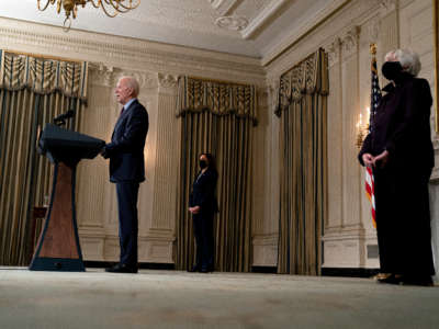President Joe Biden delivers remarks on the national economy with Vice President Kamala Harris and Treasury Secretary Janet Yellen in the State Dining Room at the White House on February 5, 2021, in Washington, D.C.