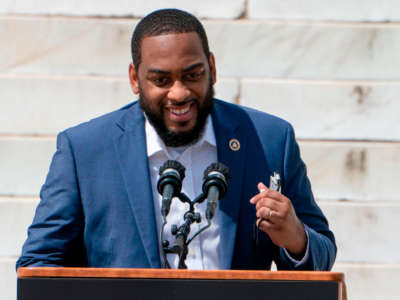 Kentucky state Rep. Charles Booker speaks during the "Commitment March: Get Your Knee Off Our Necks" protest against racism and police brutality on August 28, 2020, in Washington, D.C.