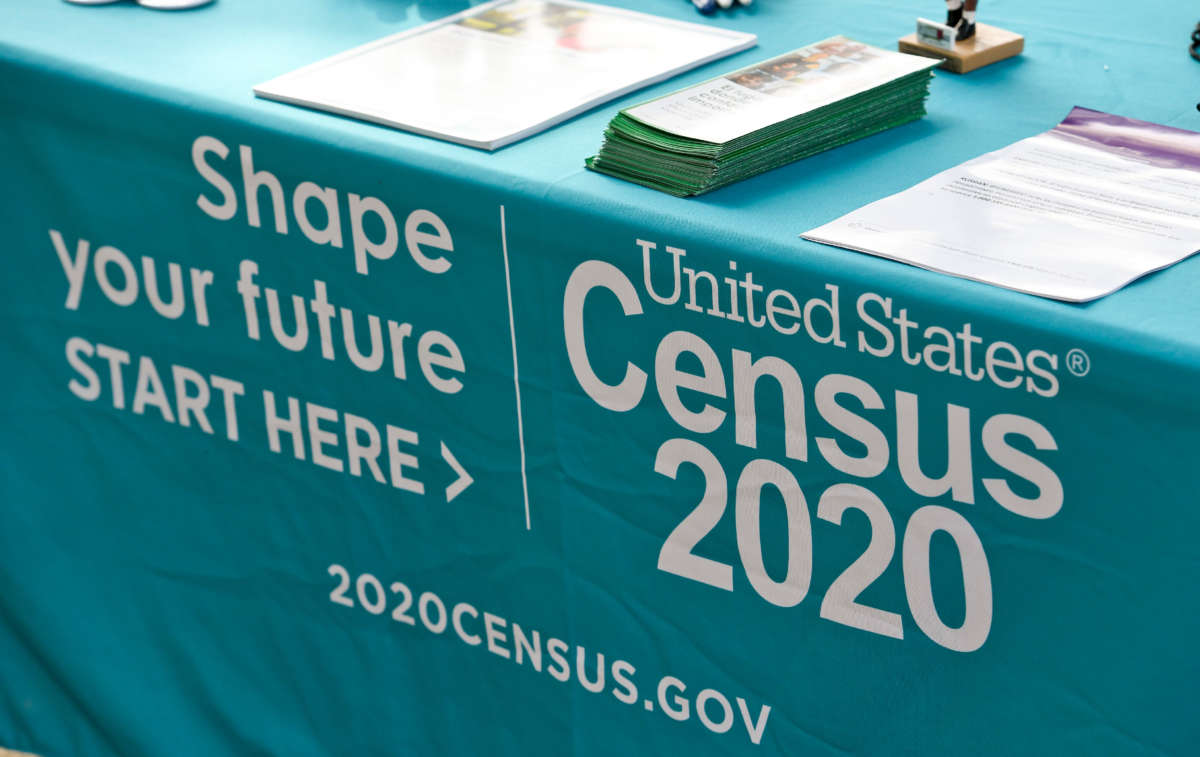 An information table for the 2020 Census is pictured outside the 3rd and Spruce Recreation Center in Reading, Pennsylvania, on September 25, 2020.