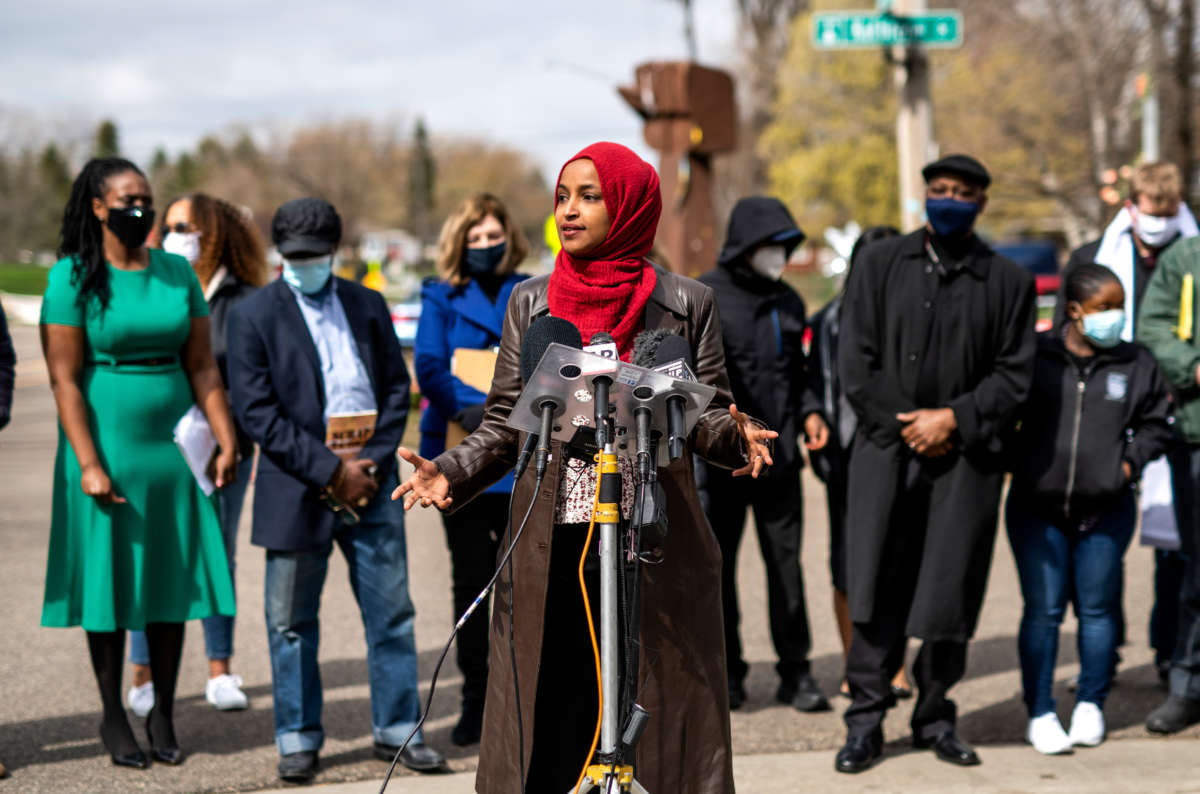Rep. Ilhan Omar speaks during a press conference at a memorial for Daunte Wright on April 20, 2021, in Brooklyn Center, Minnesota.