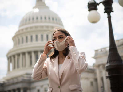 Rep. Alexandria Ocasio-Cortez attends a news conference on the East Front of the Capitol in Washington, D.C., on April 15, 2021.