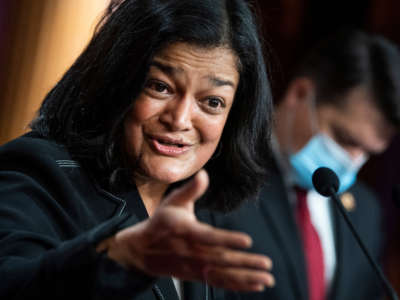 Rep. Pramila Jayapal conducts a news conference in the Capitol on March 1, 2021.