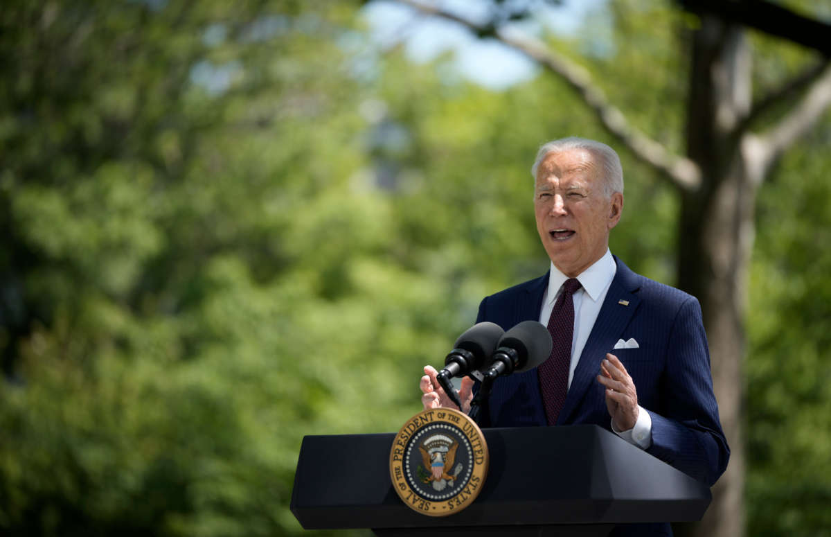 President Joe Biden speaks on the North Lawn of the White House on April 27, 2021, in Washington, D.C.