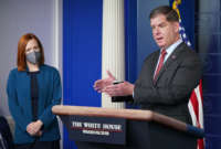 Secretary of Labor Marty Walsh, with White House Press Secretary Jen Psaki, speaks during the daily press briefing on April 2, 2021, in the Brady Briefing Room of the White House in Washington, D.C.