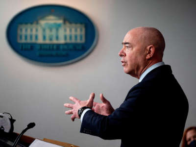 Secretary of Homeland Security Alejandro Mayorkas speaks during the daily press briefing at the White House in Washington, D.C., on March 1, 2021.