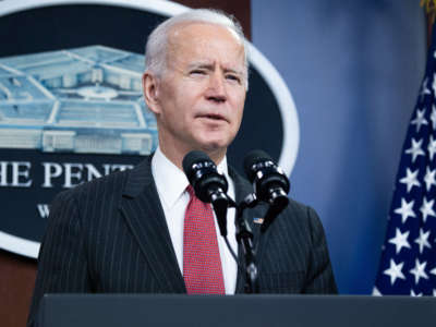 President Joe Biden speaks during a visit to the Pentagon in Washington, D.C, February 10, 2021.