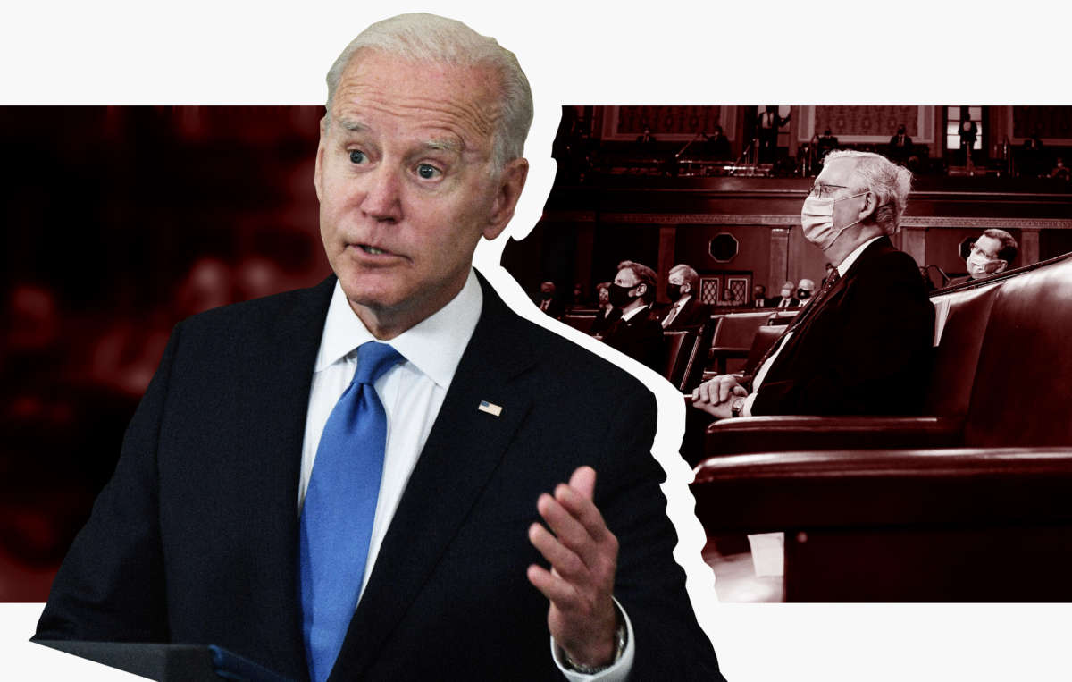 President Joe Biden in image overlaid with Senate Minority Leader Mitch McConnell