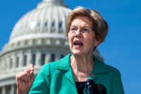 Sen. Elizabeth Warren conducts a news conference outside the Capitol on April 27, 2021.