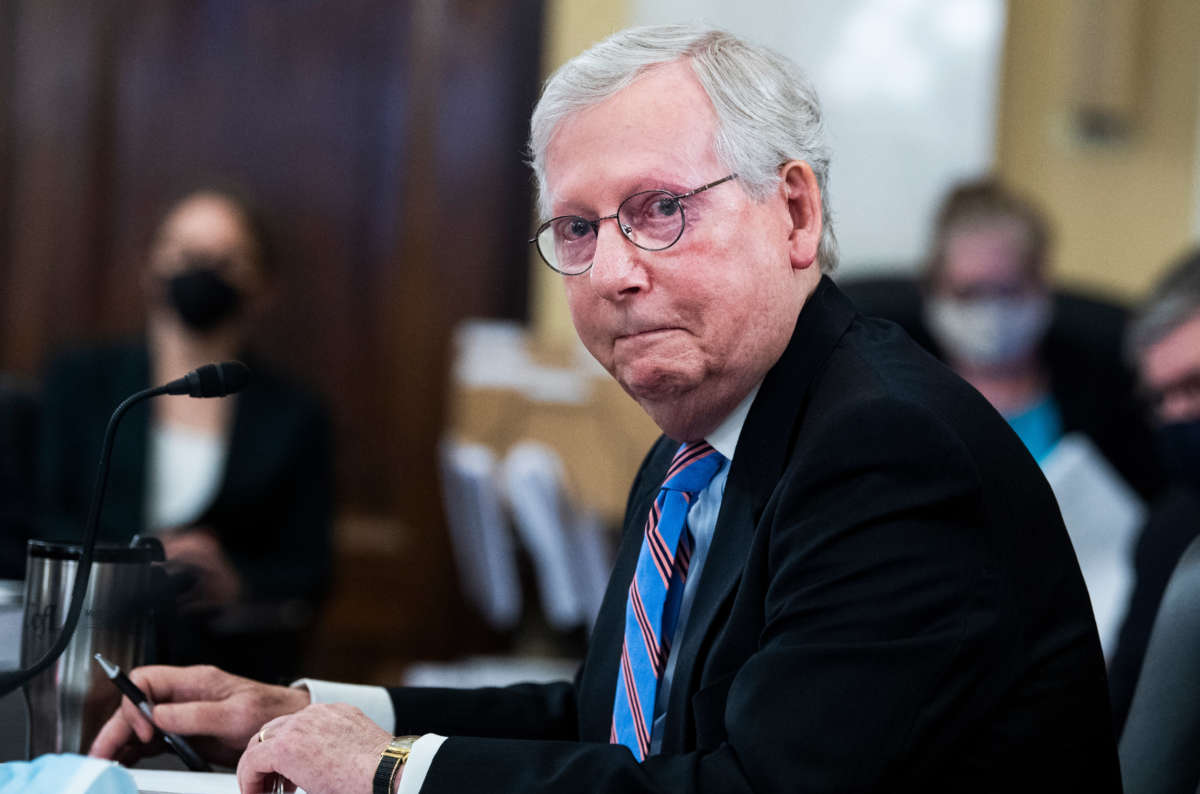 Senate Minority Leader Mitch McConnell testifies during the Senate Rules and Administration Committee markup of the For the People Act in Russell Building on May 11, 2021.