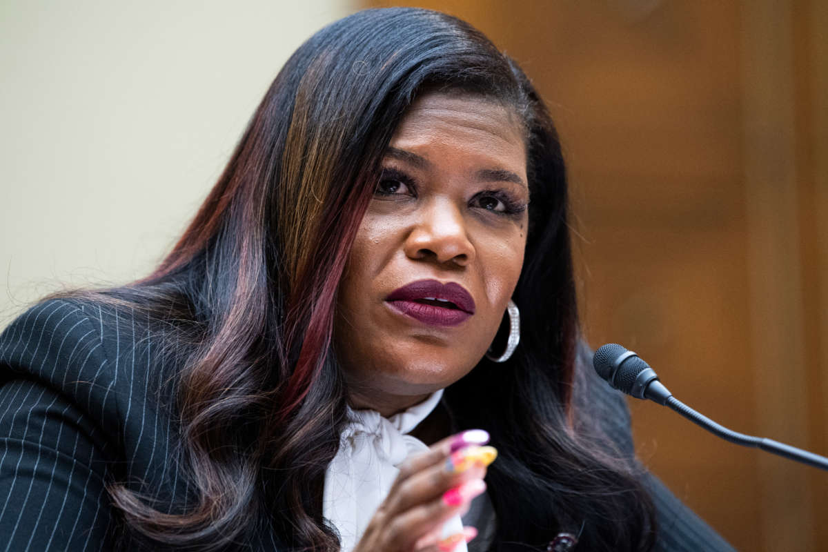 Rep. Cori Bush testifies during a House Oversight and Reform Committee hearing in Rayburn Building on May 6, 2021.