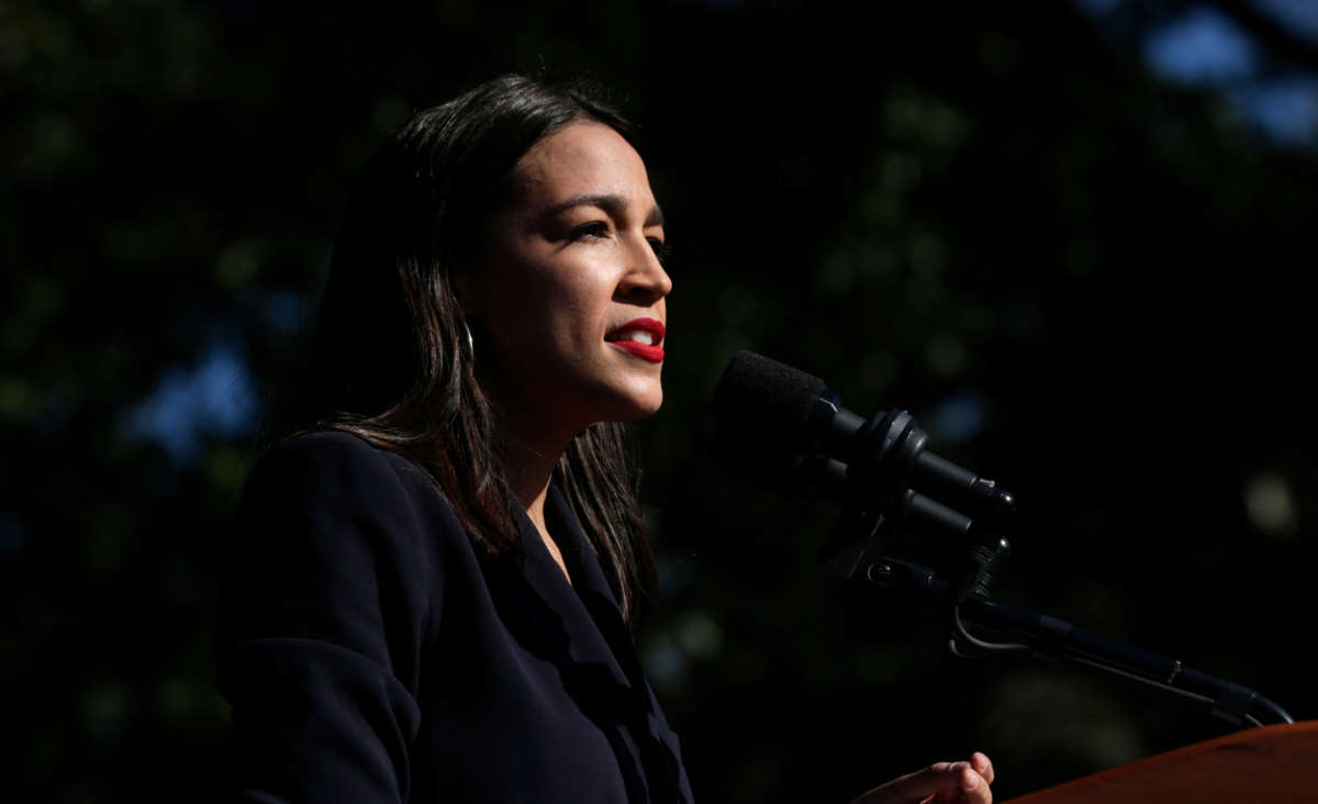 Rep. Alexandria Ocasio-Cortez speaks at a campaign rally in Queensbridge Park on October 19, 2019, in the Queens borough of New York City.