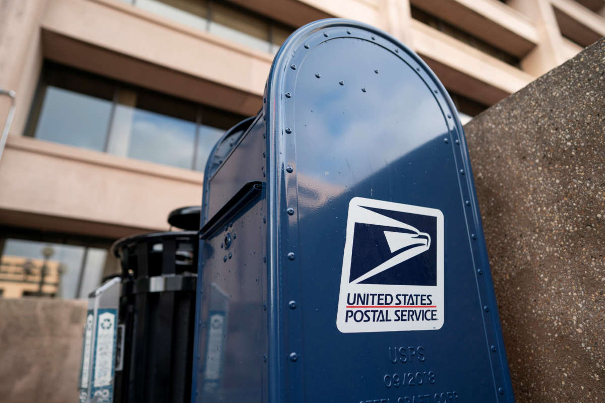 A postbox near the United States Postal Service headquarters is pictured on November 1, 2020, in Washington, D.C.