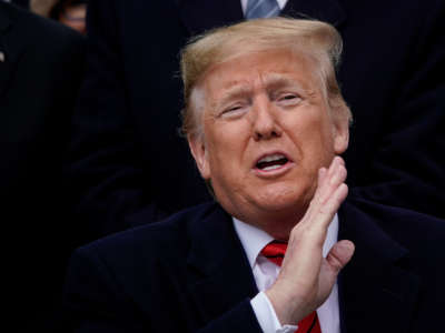 Then-President Donald Trump gestures during a ceremony on the South Lawn of the White House on January 29, 2020, in Washington, D.C.