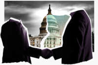 Collage of lobbyists shaking hands in front of torn Capitol Building