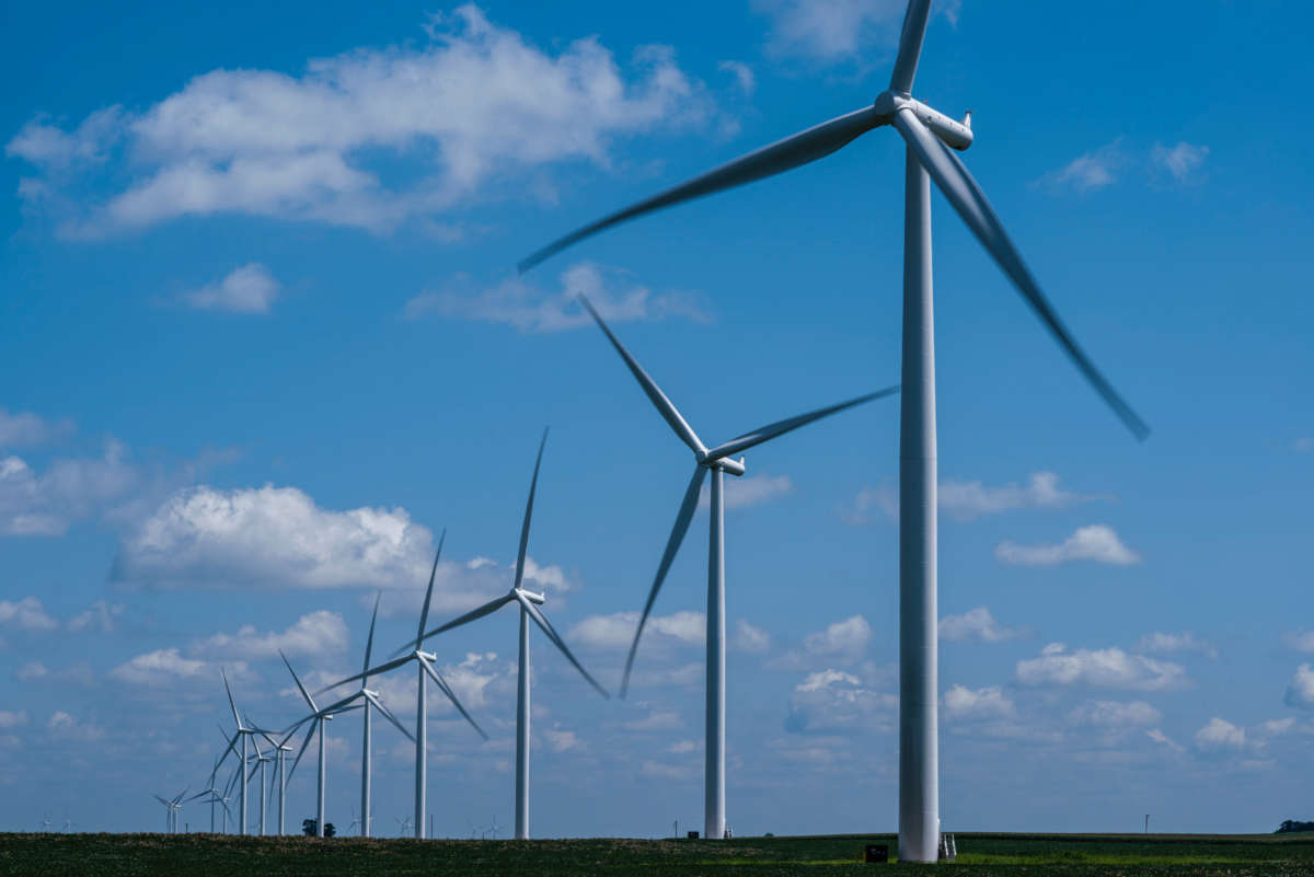 Wind turbines operate on a wind farm in Marshalltown, Iowa. As of 2020, wind energy powers 57 percent of Iowa's net electricity generation -- a bigger share than any other state.