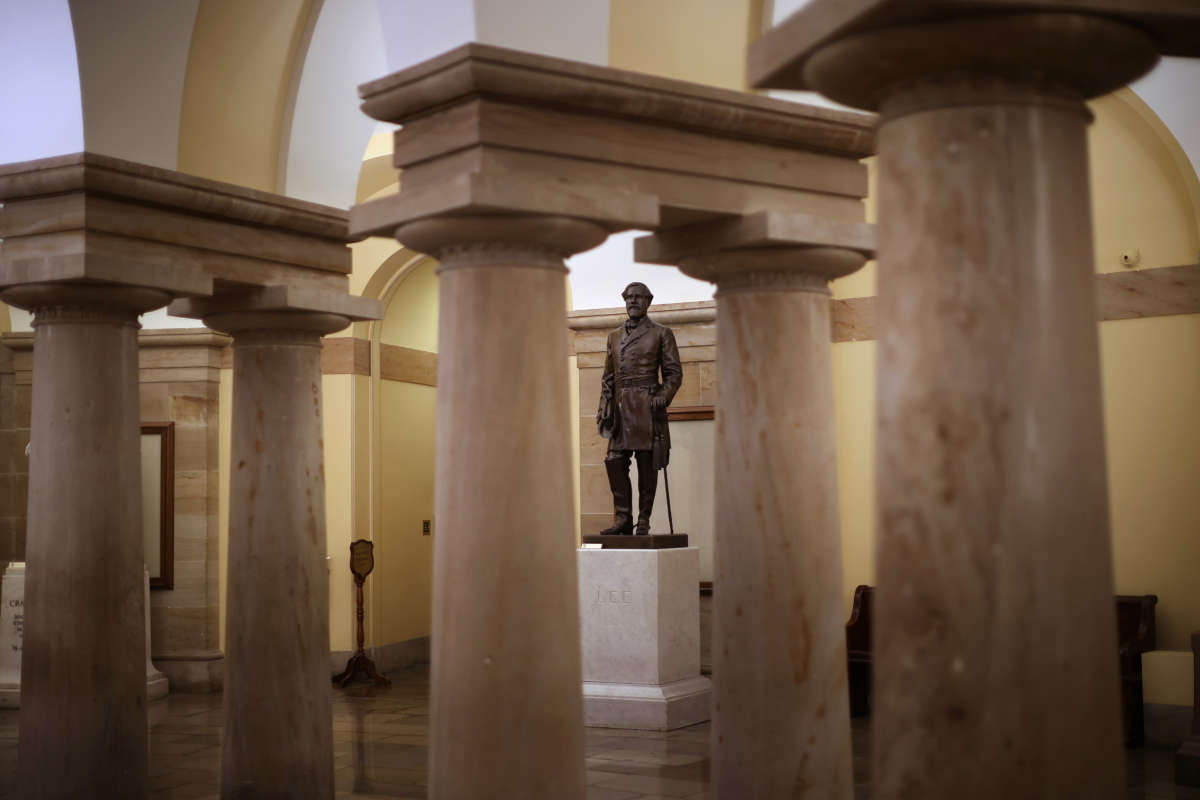 A statue of Robert E. Lee, commander of the Confederate States Army during the Civil War, is on display in the Crypt of the U.S. Capitol on June 18, 2020, in Washington, D.C.