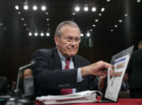 Defense Secretary Donald Rumsfeld prepares to testify before the U.S. Senate Armed Services Committee on Capitol Hill in Washington, D.C., on February 17, 2005.