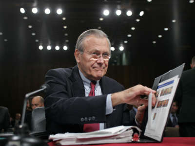 Defense Secretary Donald Rumsfeld prepares to testify before the U.S. Senate Armed Services Committee on Capitol Hill in Washington, D.C., on February 17, 2005.