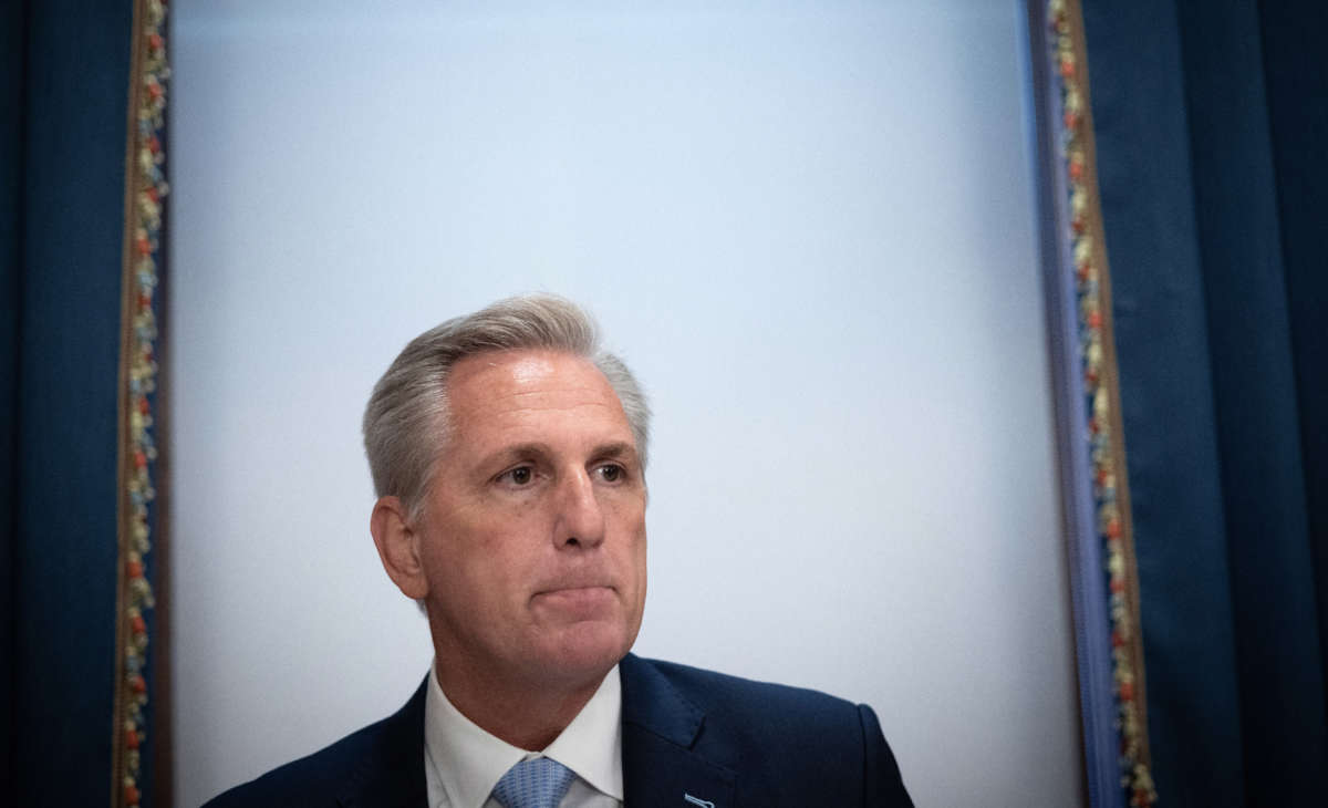 House Minority Leader Kevin McCarthy speaks with reporters on May 19, 2021, in Washington, D.C.