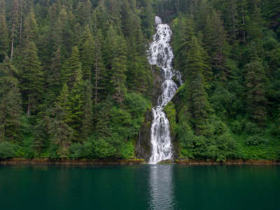View of a waterfall in Red Bluff Bay on Baranof Island, Tongass National Forest, in Alaska.
