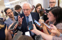 Sen. Bernie Sanders speaks to reporters about infrastructure legislation at the U.S. Capitol on July 14, 2021, in Washington, D.C.