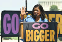 Rep. Pramila Jayapal speaks at a "Go Bigger on Climate, Care, and Justice!" event on July 20, 2021, in Washington, D.C.