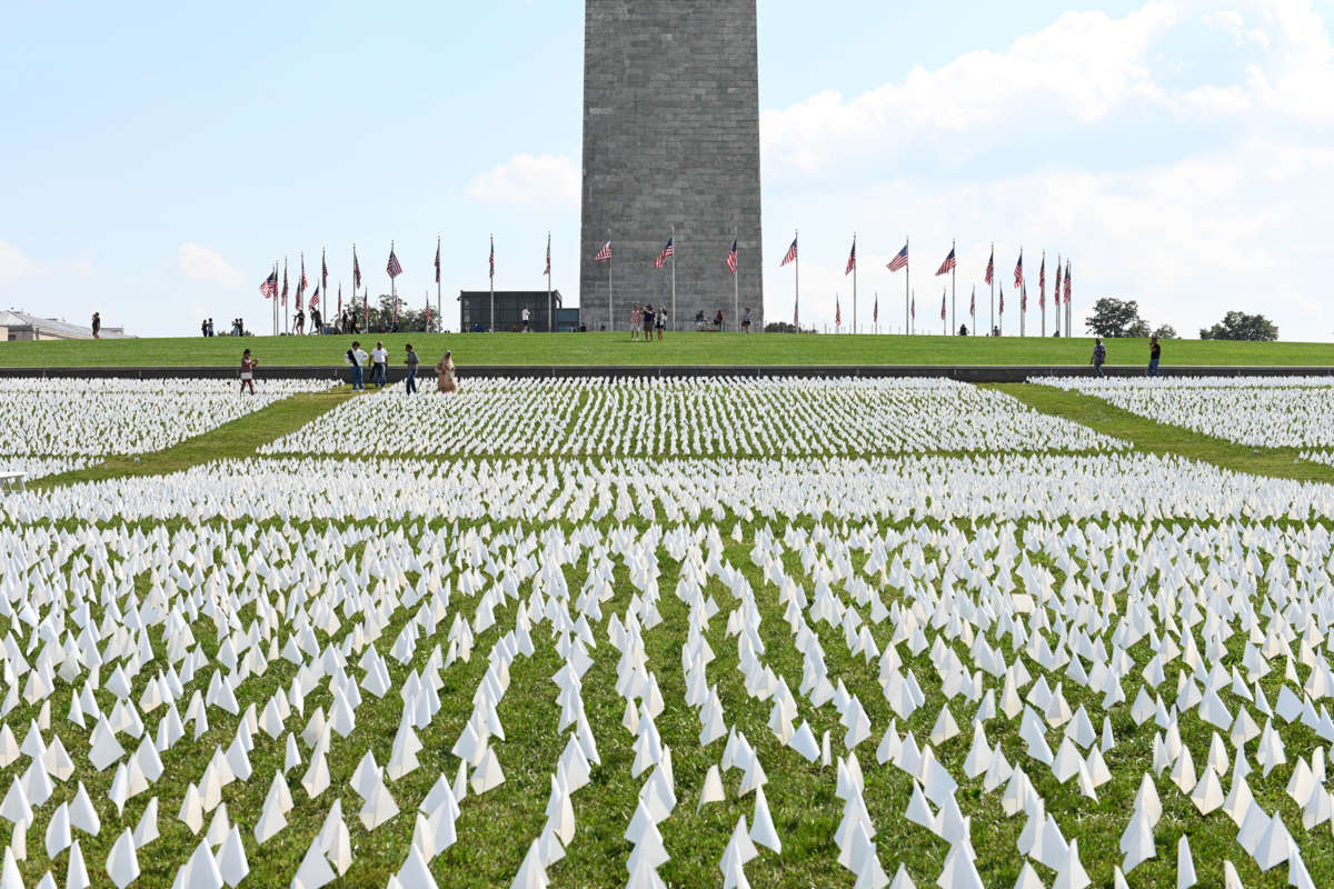 The capitol mall is dotted with thousands of small white flags as the Washington Monument looms in the background