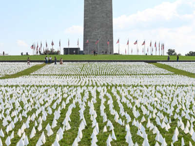 The capitol mall is dotted with thousands of small white flags as the Washington Monument looms in the background