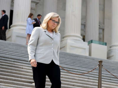 Rep. Liz Cheney arrives to speak to reporters outside of the U.S. Capitol on July 21, 2021, in Washington, D.C.