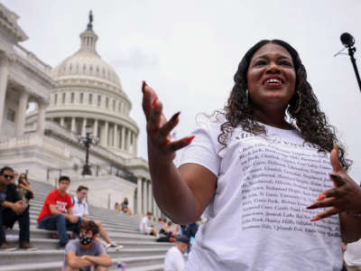 Rep. Cori Bush speaks about the end of the eviction moratorium at the U.S. Capitol on August 3, 2021, in Washington, D.C.