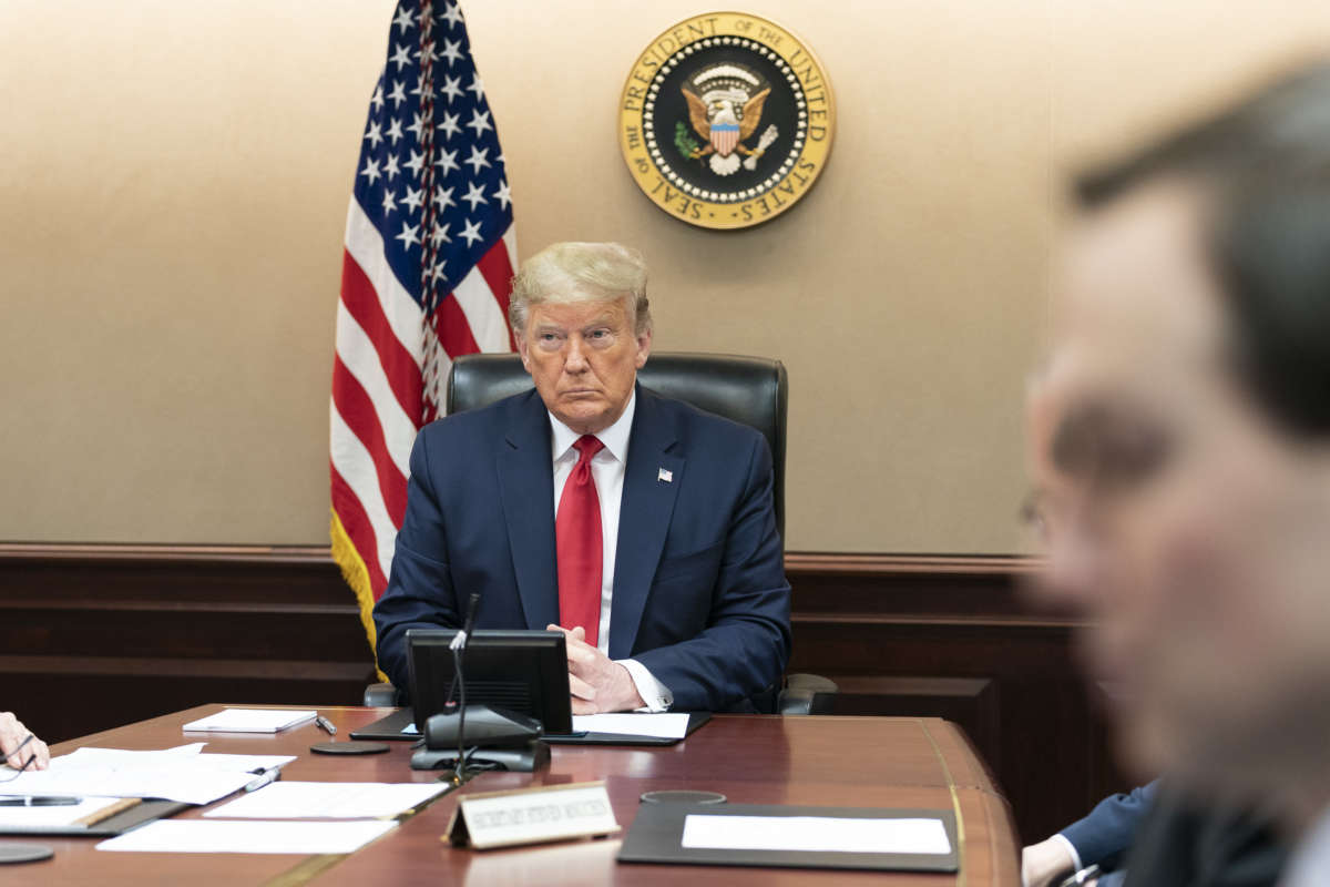 President Donald Trump participates in a governors’ video teleconference on partnership to prepare, mitigate and respond to COVID-19 on March 26, 2020, in the White House Situation Room.