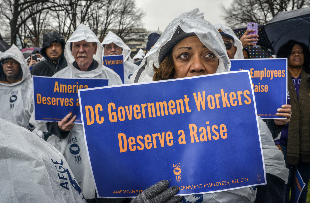 American Federation of Government Employees union members rally for wage increases on February, 9, 2016, in Washington, DC.