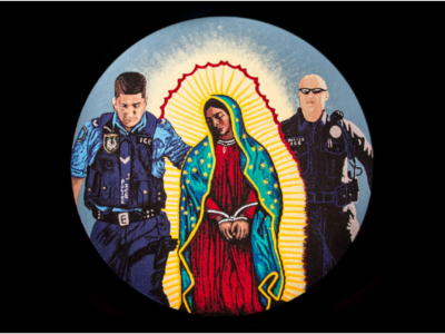 Virgen de Guadalupe being led away by ICE