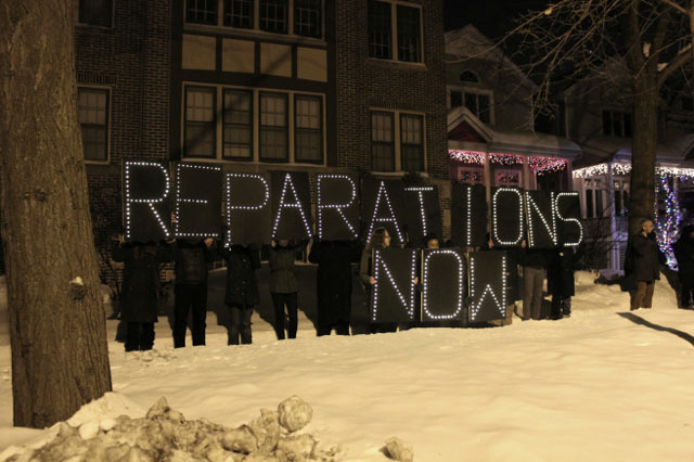 Outside Rahm Emanuel's house demanding reparations for CPD torture survivors. (Photo: Kelly Hayes)