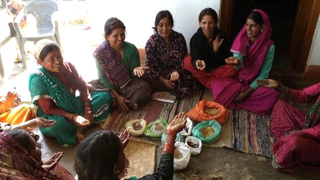Women farmers in Uttrakhand, India save and trade seeds on the Global Women's Climate Justice Day of Action. (Photo: Reetu Sogani)