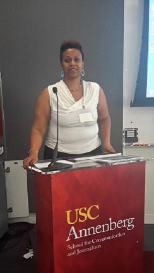Howard University Researcher Tamanika Ferguson lectures on prisoners and social media at the University of Southern California, June 24, 2016. (Photo: Robyn McGee)