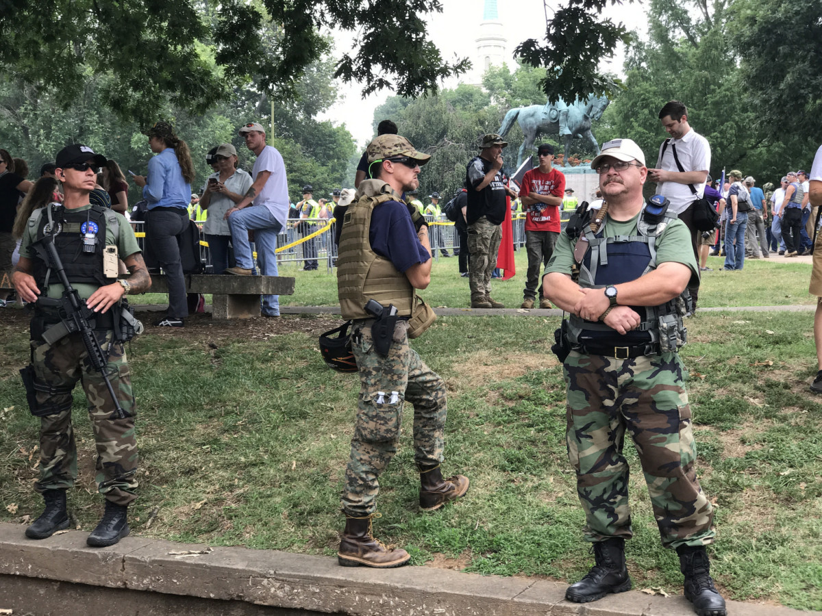 Oath Keepers patrol Emancipation Park during the Charlottesville "Unite the Right" Rally on August 12, 2017.