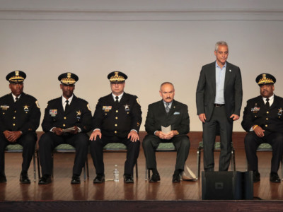 Chicago Mayor Rahm Emanuel is introduced at a police academy graduation and promotion ceremony in the Grand Ballroom at Navy Pier on June 15, 2017 in Chicago, Illinois.