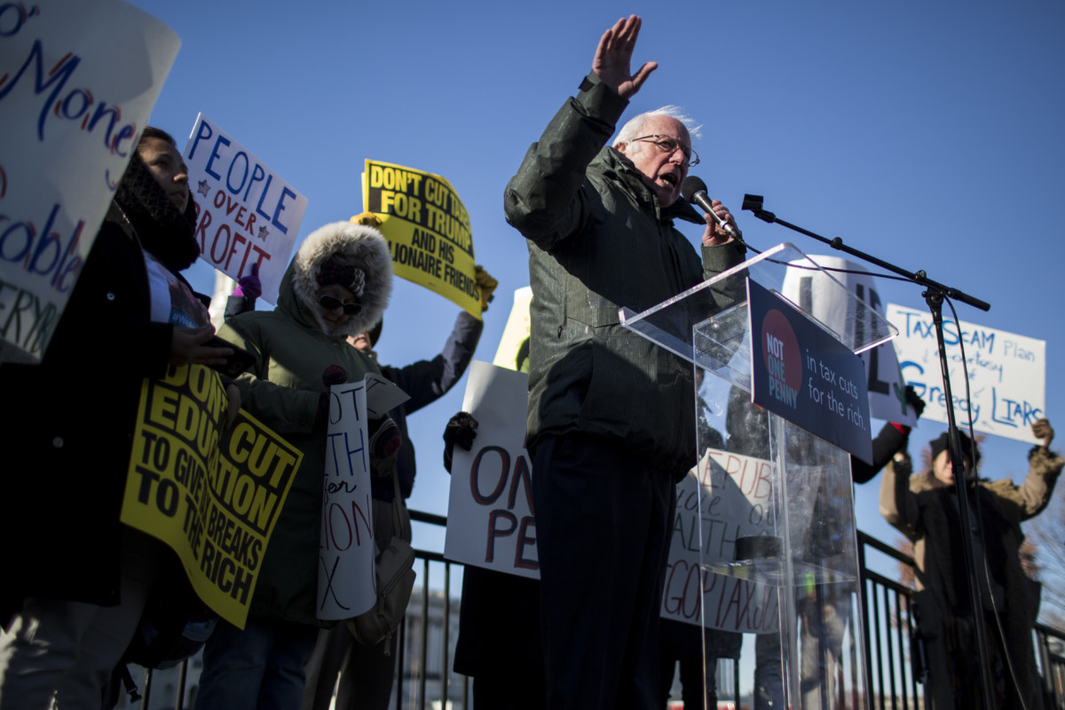 Sen. Bernie Sanders speaks during a rally against the Republican tax plan on December 13, 2017, in Washington, DC.